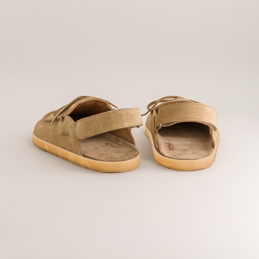 Pair of brown barefoot sandals on a light gray background