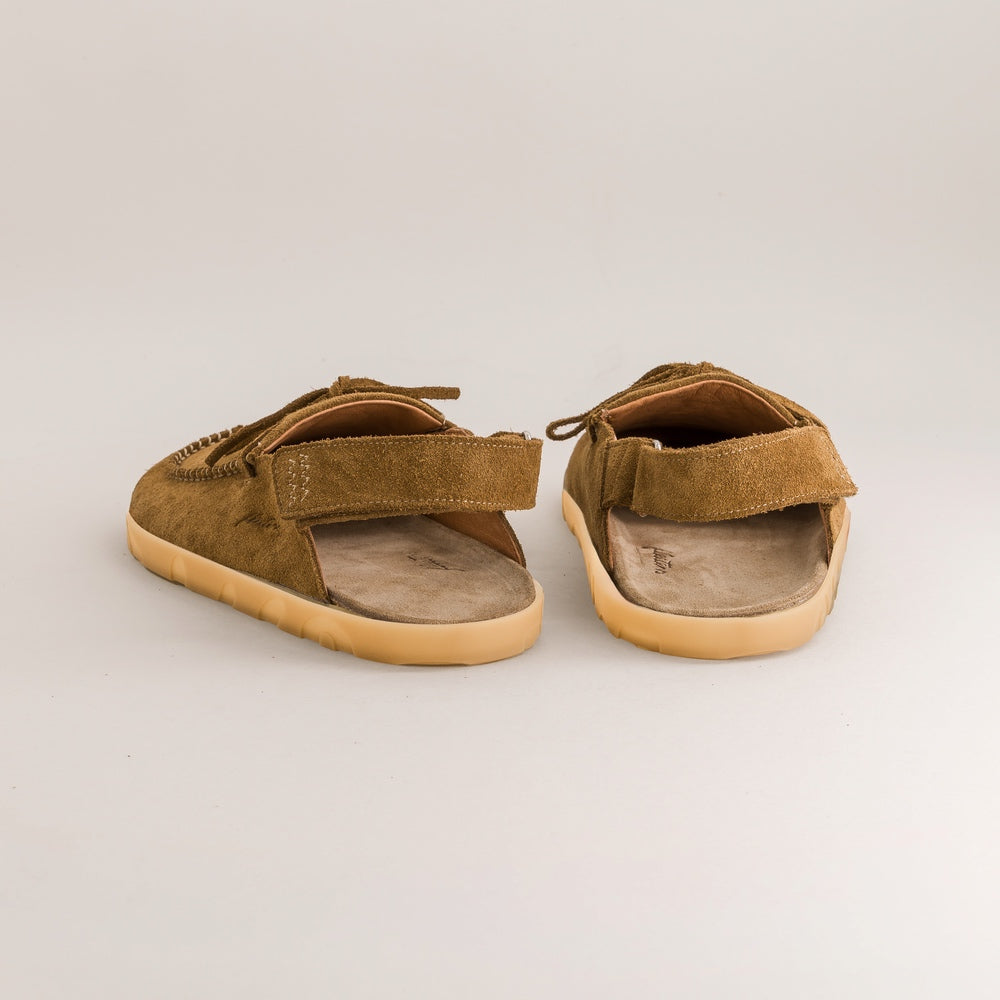 Pair of brown barefoot sandals with velcro straps on a light gray background