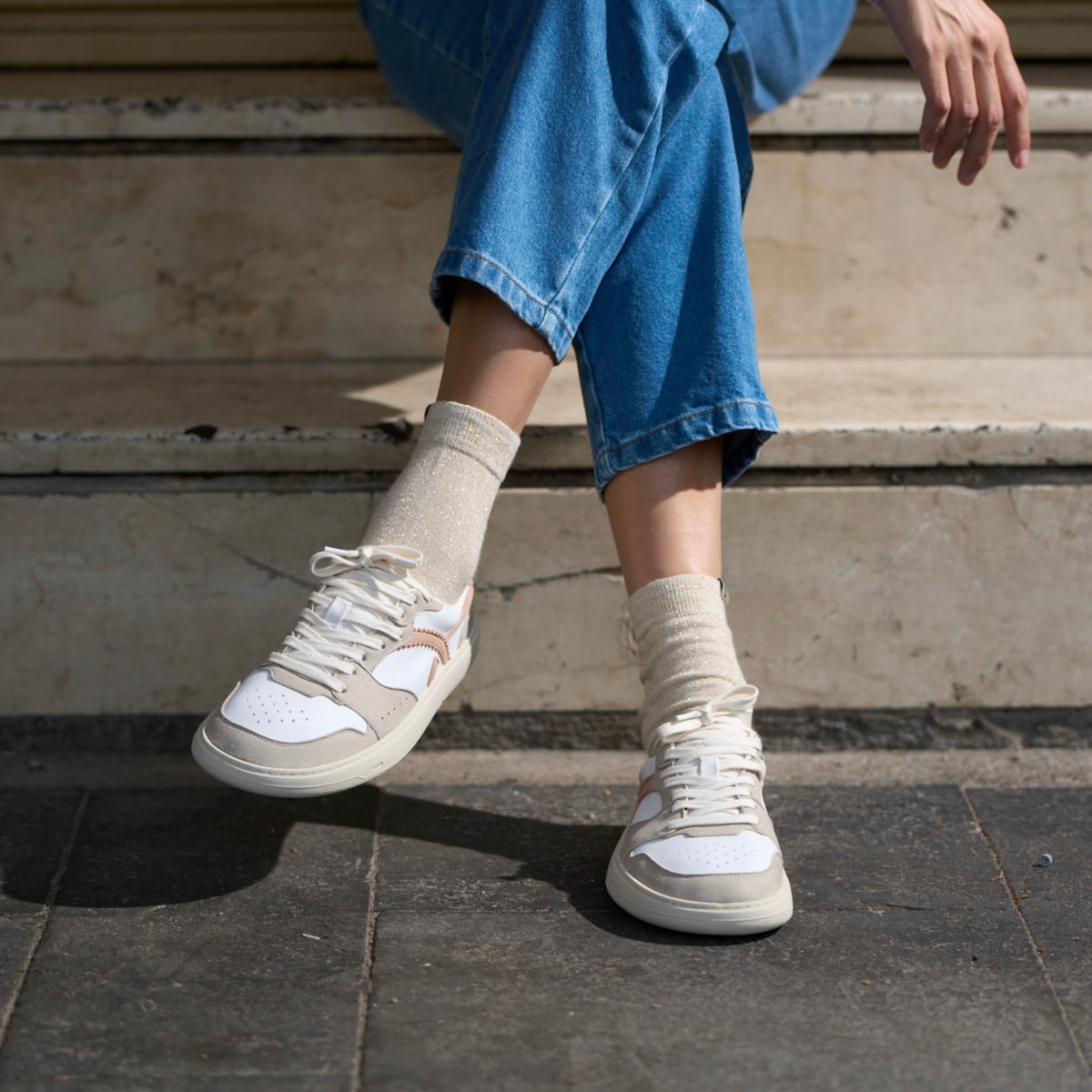 White & pink barefoot sneakers - close