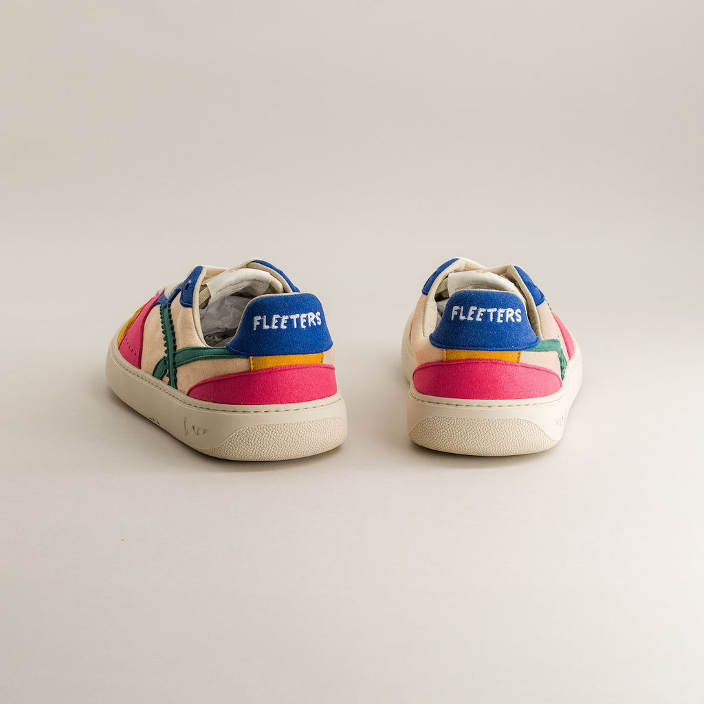 Pair of colorful sneakers with 'Fleeters' branding on a light background