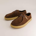 Pair of brown suede barefoot derby with tan soles on a light gray background