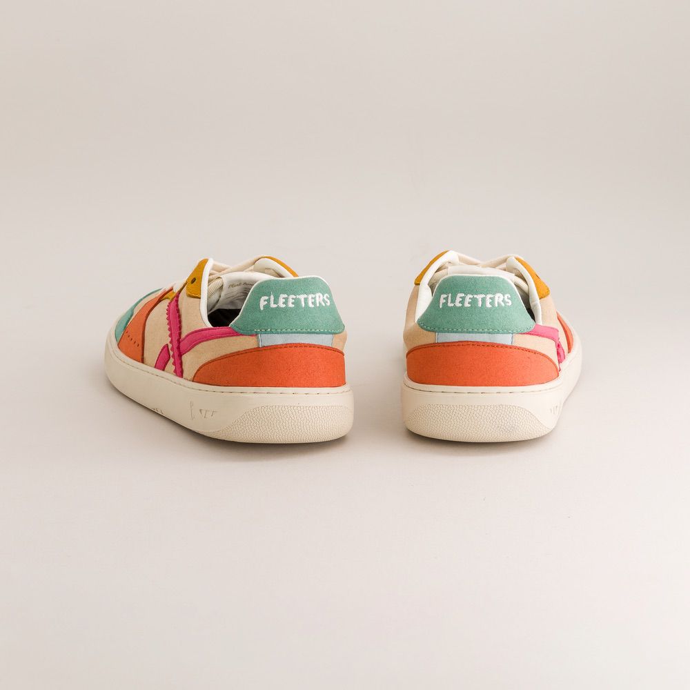 Colorful sneakers with 'Fleeters' branding on a light gray background