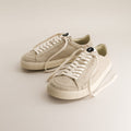Pair of beige barefoot sneakers in wool with white laces on a light background
