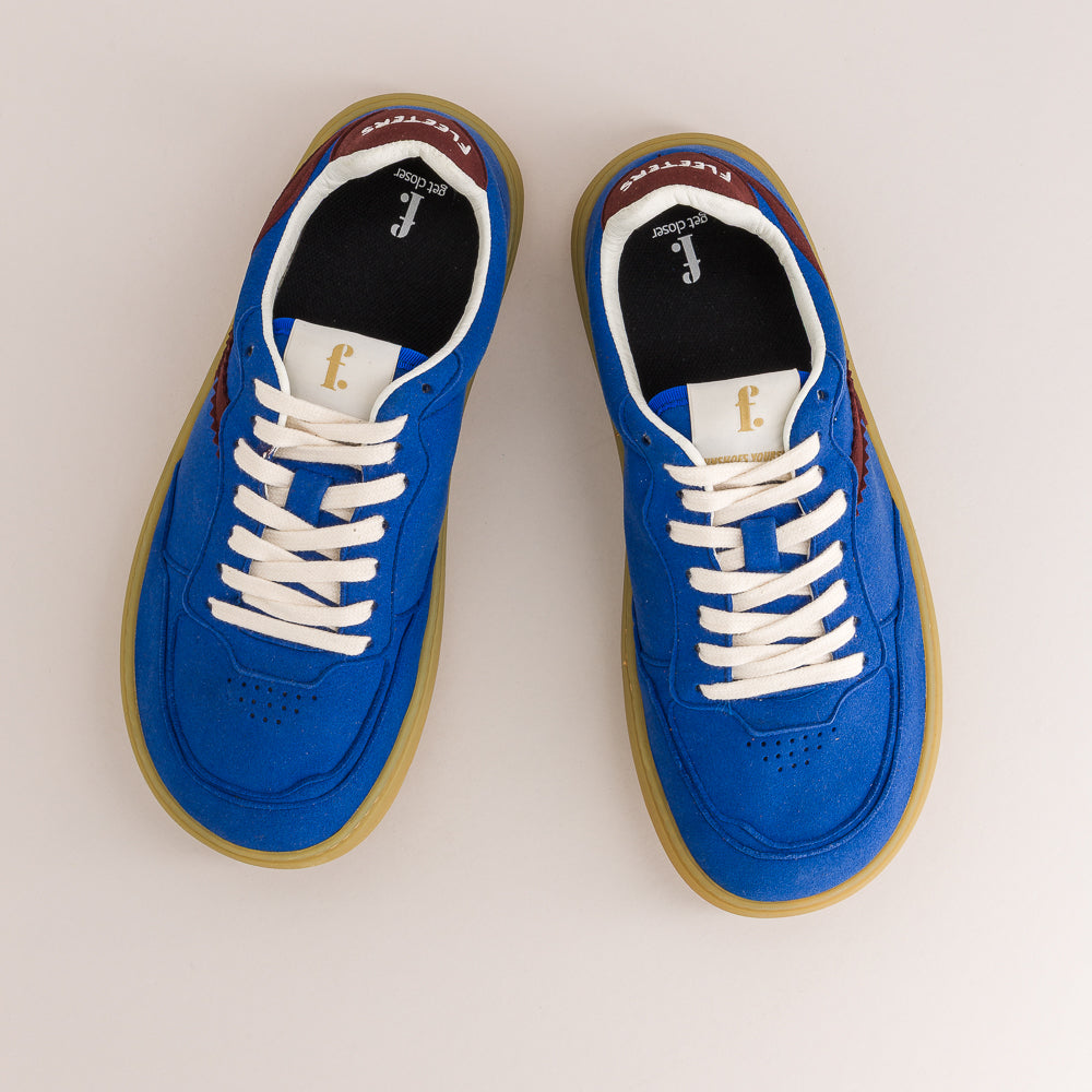 Stylish barefoot sneakers in Caribbean blue and burgundy - top