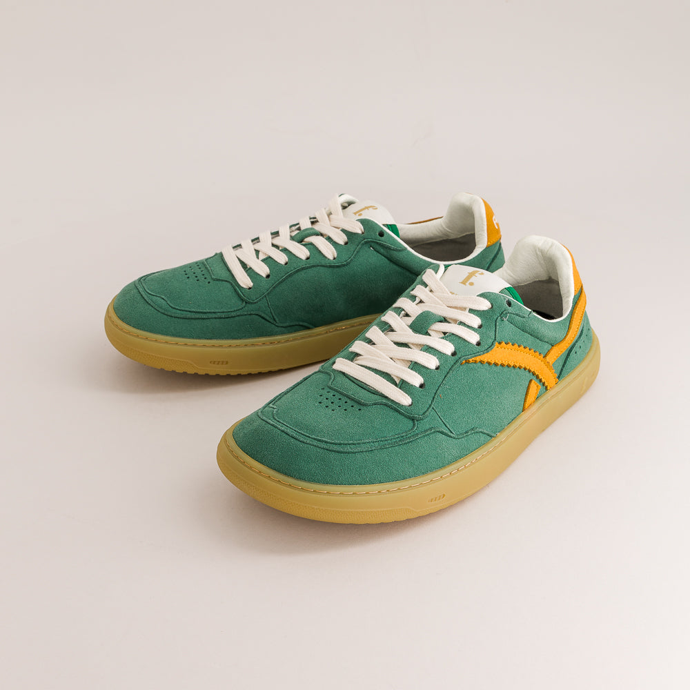 Stylish barefoot sneakers in green and orange vibrant colors - front